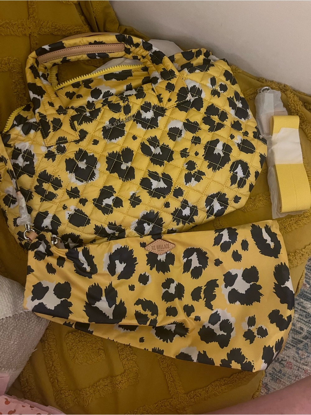 MZ Wallace Yellow Quilted Leopard-Print Tote Bag with Shoulder Strap - Picture 4 of 12